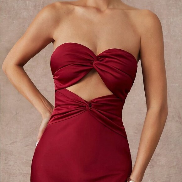 Burgundy Elegant Party Women's Twisted Tube Top Satin Graduation Dress - Picture 7 of 7